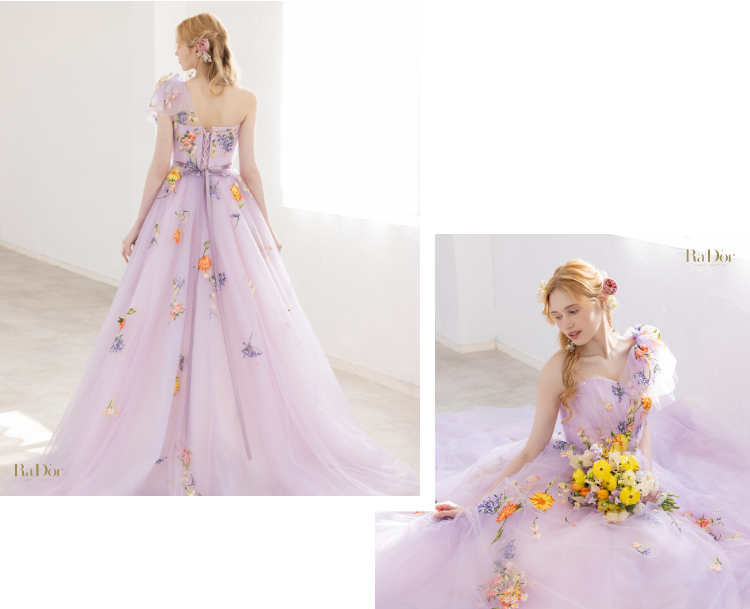 色鮮やかな小花刺繍をあしらったラベンダーカラーのチュールドレスを着た花嫁のイメージ