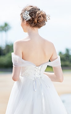 ビーチに映えるプリンセスラインのドレスを着た花嫁の後ろ姿