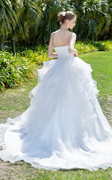 レースのスカートが優雅な印象のプリンセスラインのドレスを着た花嫁の後ろ姿
